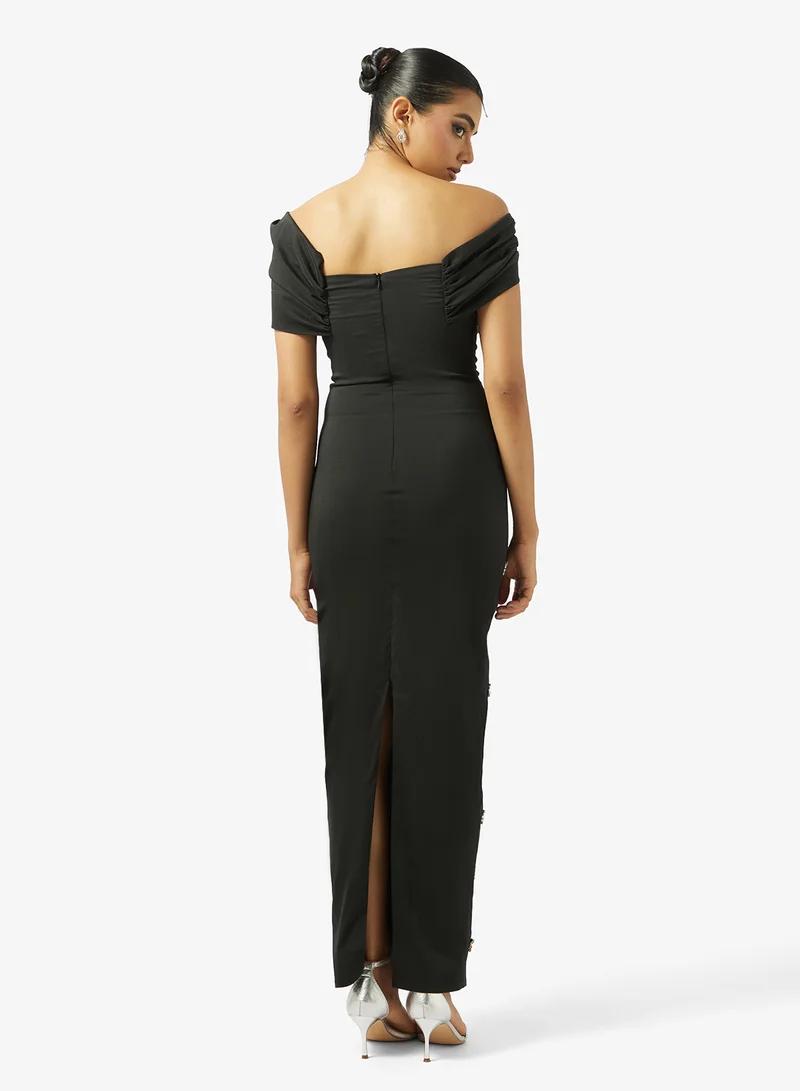 Akadia Fashion OFF SHOULDER SCATTERED CRYSTALS TAFFETA DRESS